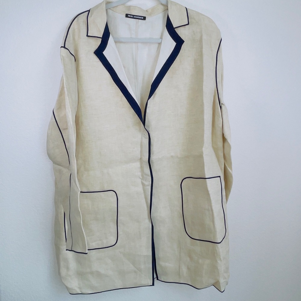 Trixi Schober Womens Size 16 Cream 100% Linen Jacket Navy Piping Contrast Trim